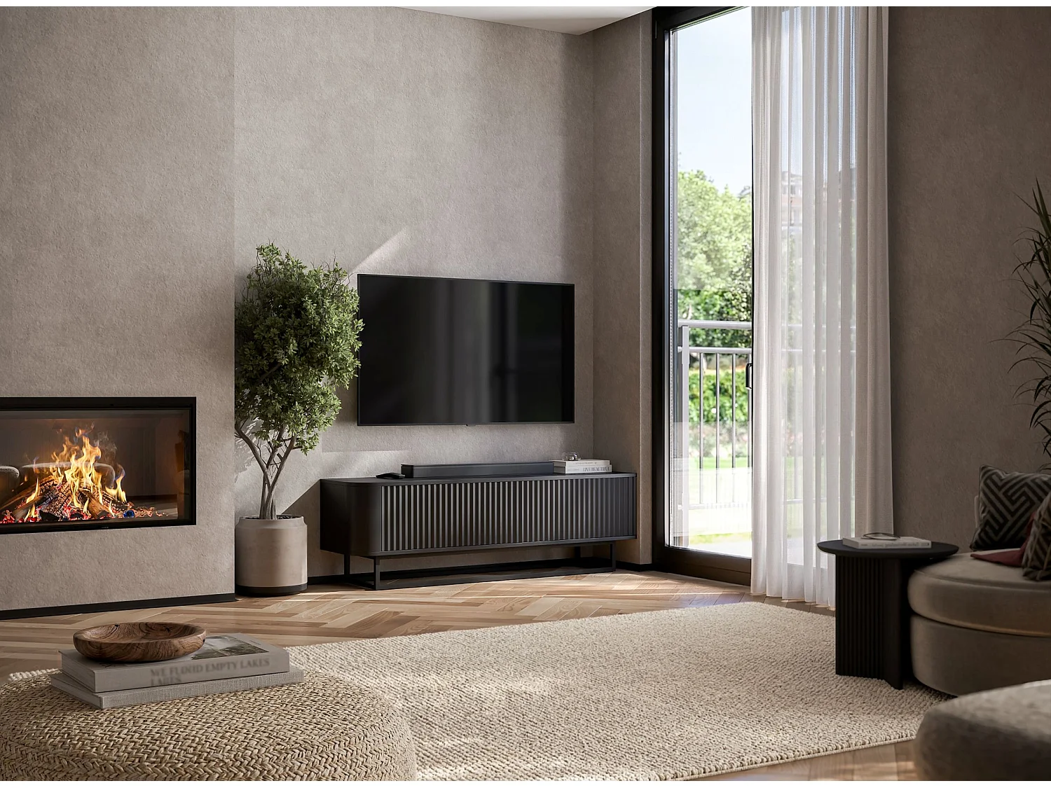Szafka RTV 2-drzwiowa, ryflowane fronty, matowa czerń, czarna metalowa rama, 140 cm - AURORA