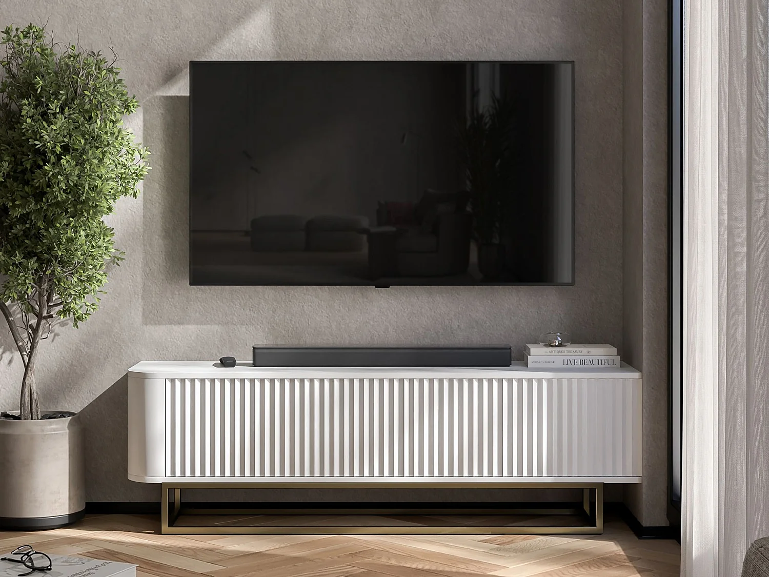 Mueble de TV con 2 puertas, frentes en relieve, blanco mate, patas de metal dorado, 140 cm - AURORA