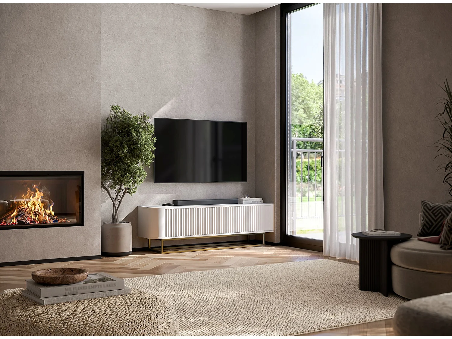 Mueble de TV con 2 puertas, frentes en relieve, blanco mate, patas de metal dorado, 140 cm - AURORA
