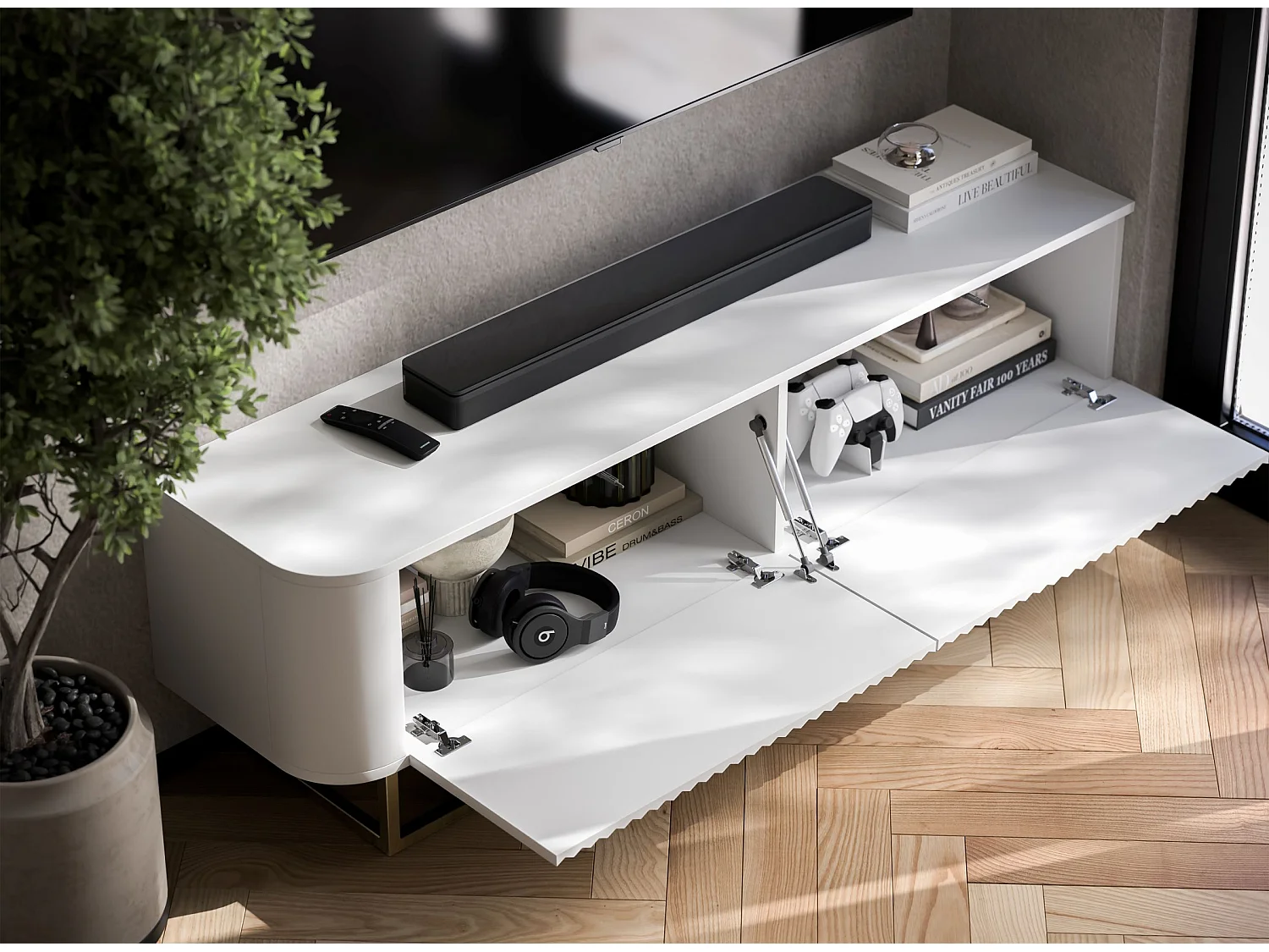 Mueble de TV con 2 puertas, frentes en relieve, blanco mate, patas de metal dorado, 140 cm - AURORA
