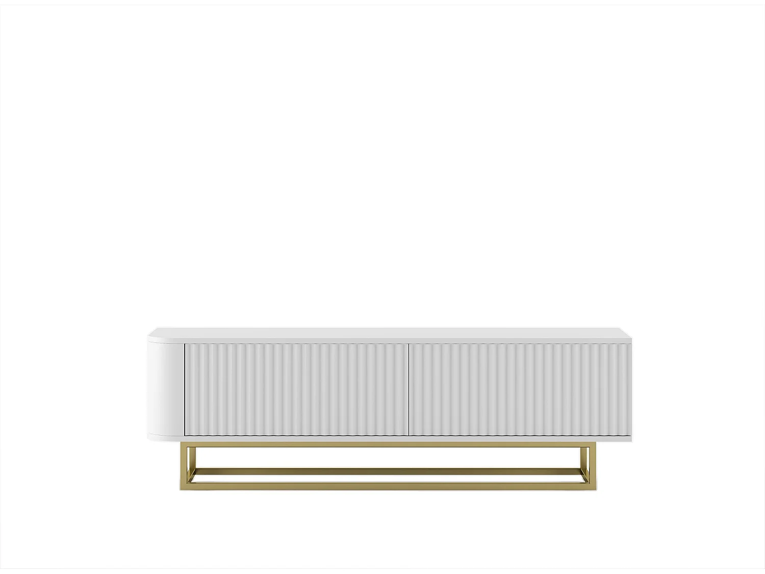 Mueble de TV con 2 puertas, frentes en relieve, blanco mate, patas de metal dorado, 140 cm - AURORA