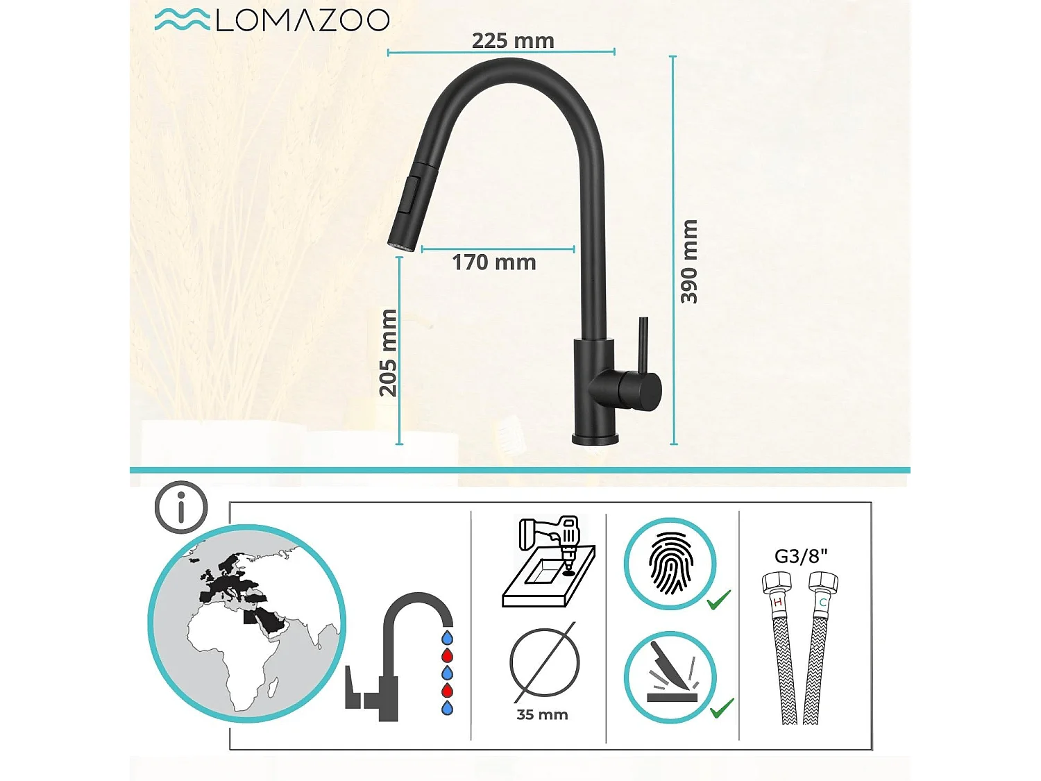 Mitigeur Cuisine avec Douchette Noir LOMAZOO Turais