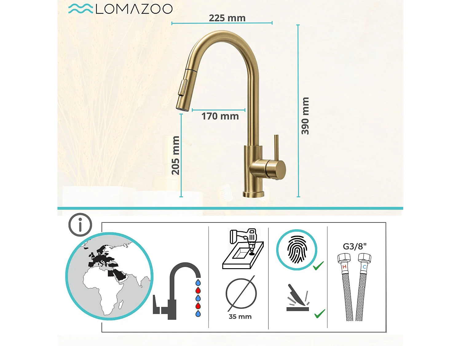 Mitigeur Cuisine avec Douchette Doré LOMAZOO Sphinx