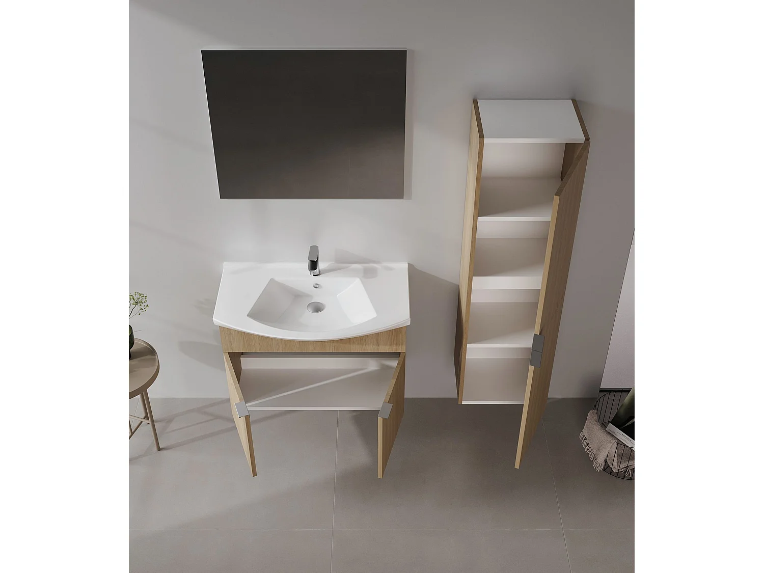 Wastafelmeubel met spiegel (2-delig) "Purus 80" - 80 x 50 x 58 cm - Eiken