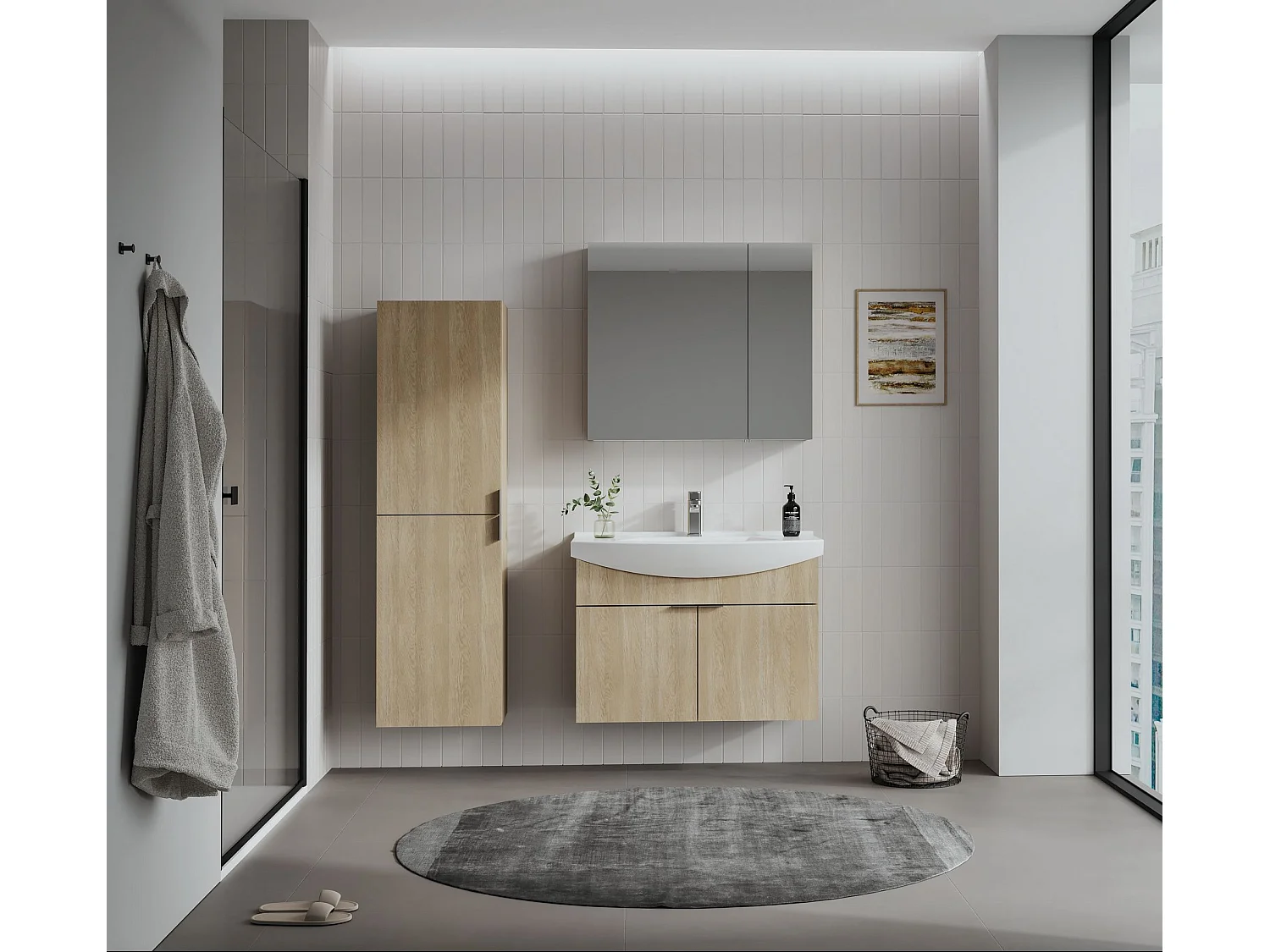 Wastafelmeubel met spiegel (2-delig) "Purus 80" - 80 x 50 x 58 cm - Eiken