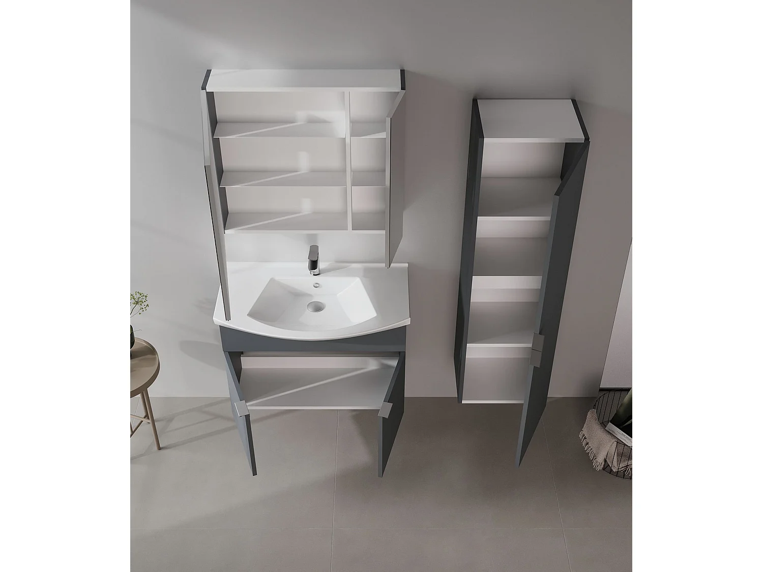 Wastafelmeubel met spiegel (2-delig) "Purus 80" - 80 x 50 x 58 cm - Mat antraciet