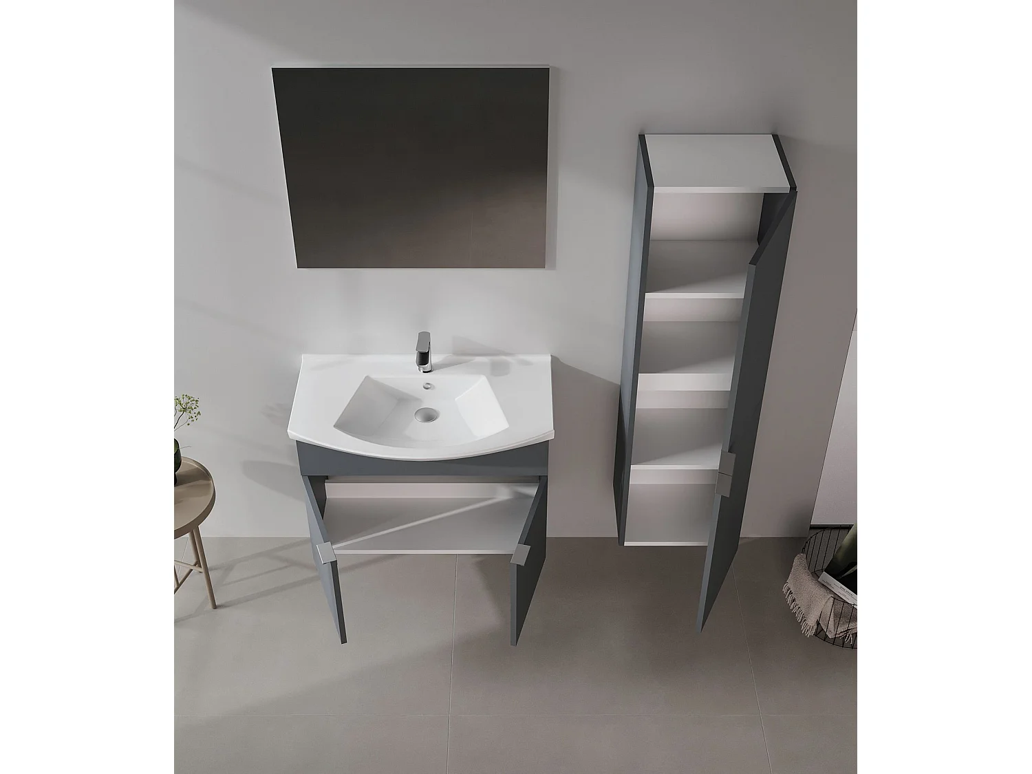 Wastafelmeubel met spiegel (2-delig) "Purus 80" - 80 x 50 x 58 cm - Mat antraciet