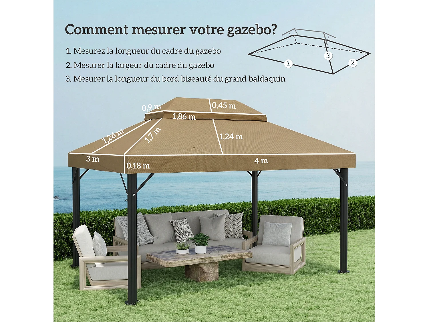 Toile de rechange barnum tonnelle 4 x 3 m - toit double avec œillets drainage - polyester haute densité 370 g/m² beige