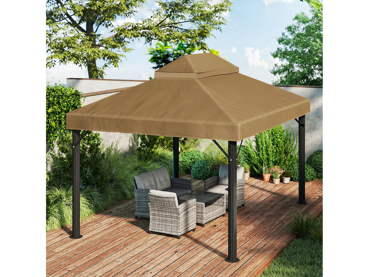 Toile de rechange barnum tonnelle 4 x 3 m - toit double avec œillets drainage - polyester haute densité 370 g/m² beige