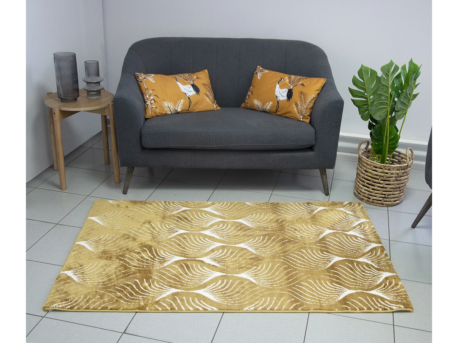 Tapis Salon Chambre D'intérieur Poils Doux Motifs Géométrique Doré Jaune Ocre Blanc 100x150 Cm