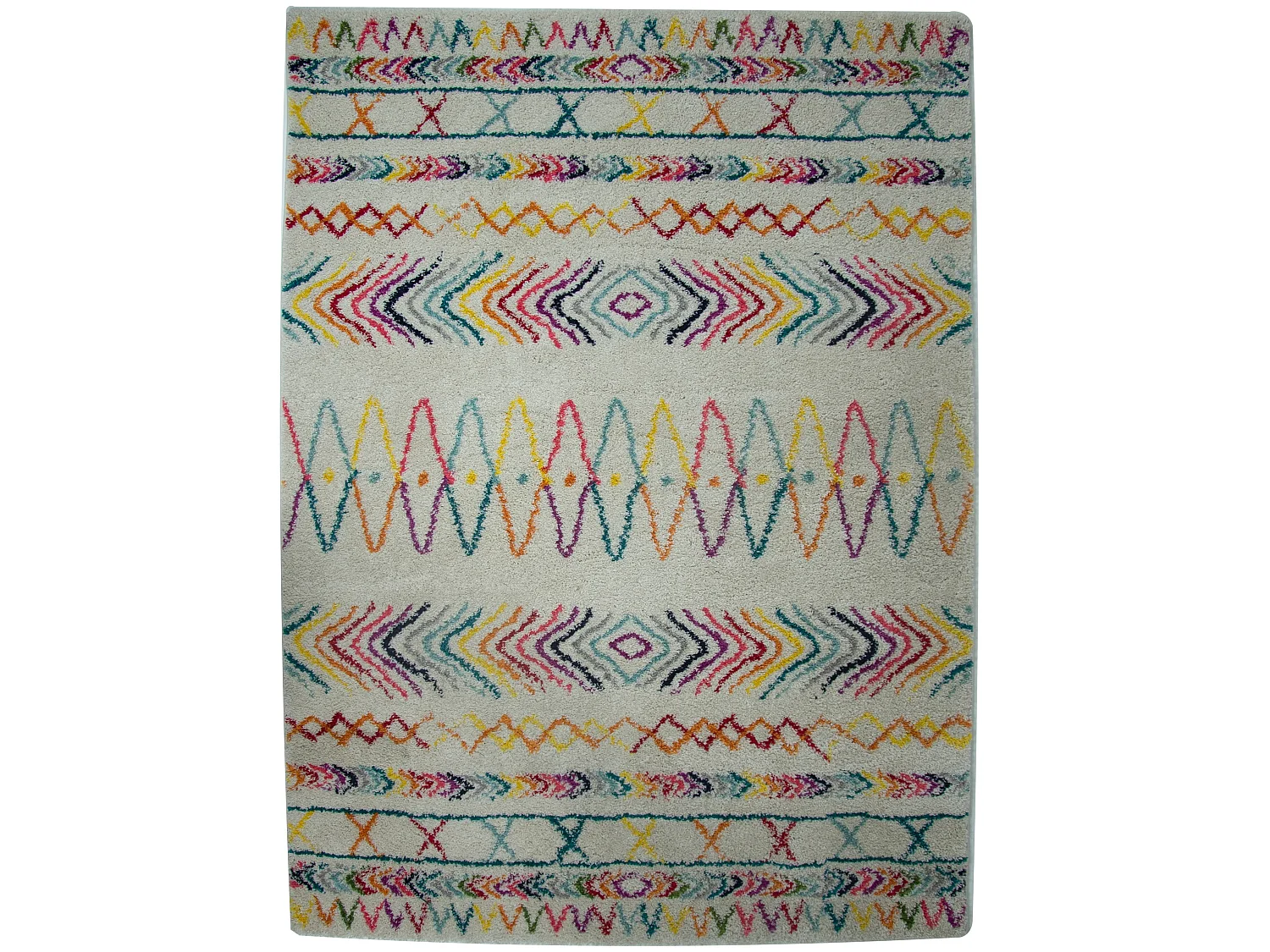 Tapis Salon D'intérieur Poils Longs Doux Bohème Aztèque Blanc Multicolore 150x200 Cm