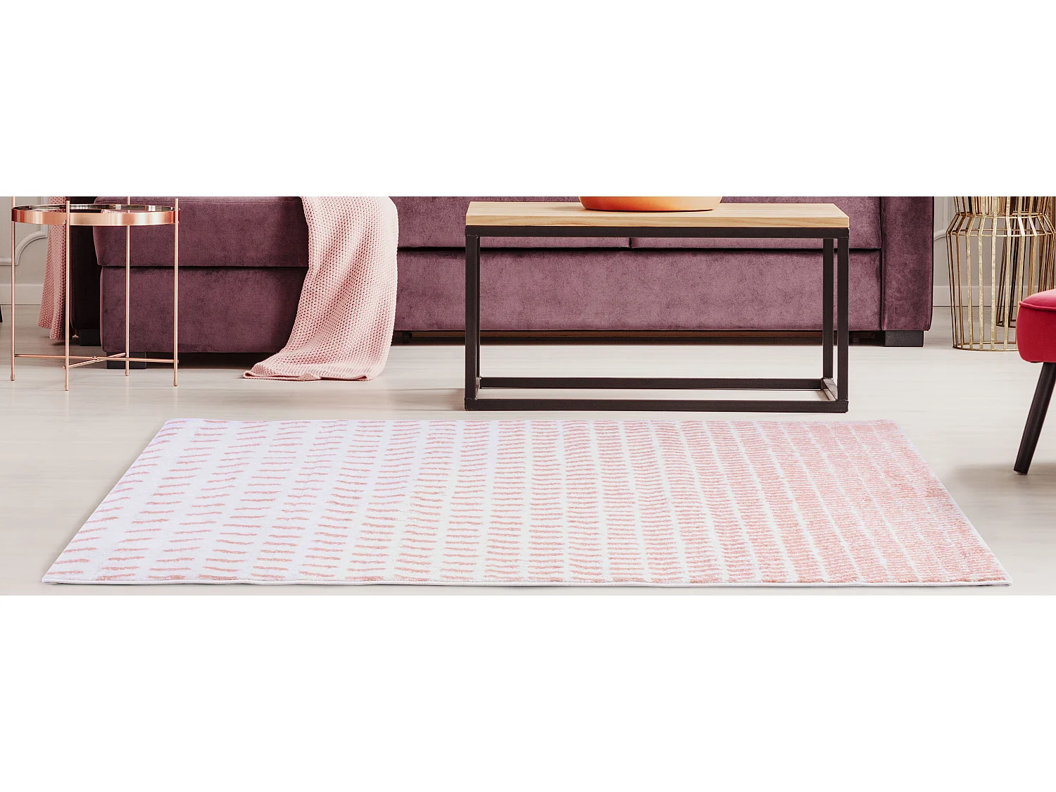 Tapis Salon Shaggy À Motifs Géométrique Rose Et Blanc 100x150 Cm