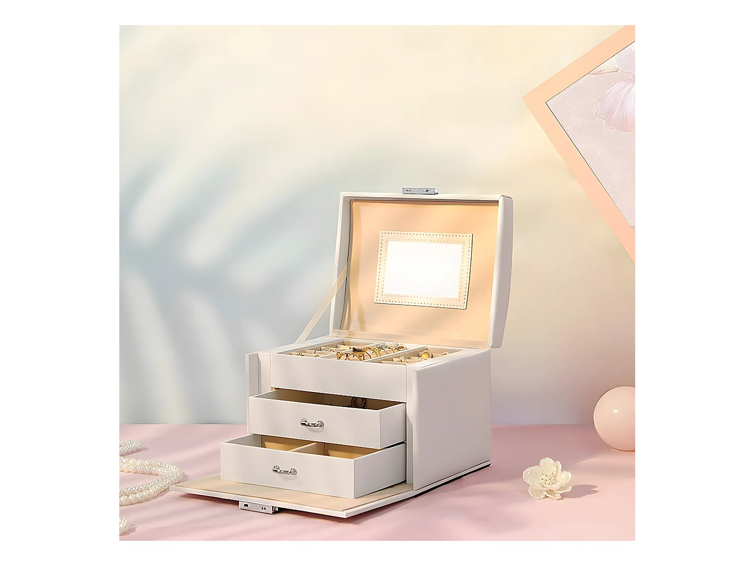 Coffret à bijoux avec 2 tiroirs et rangements - H12 cm