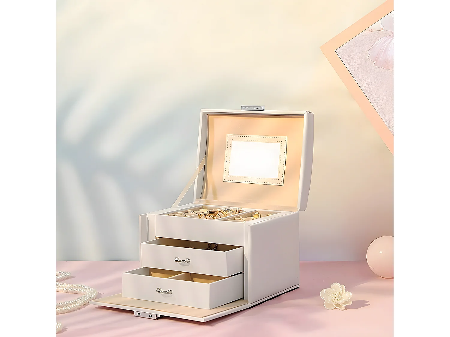 Coffret à bijoux avec 2 tiroirs et rangements - H12 cm