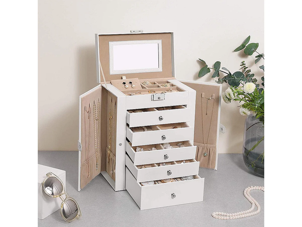 Coffre à bijoux avec 6 niveaux et ailes de rangement - H32 cm