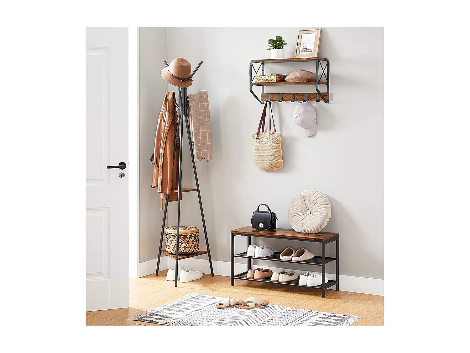 Porte-manteau sur Pieds avec 2 Étagères - H179 cm