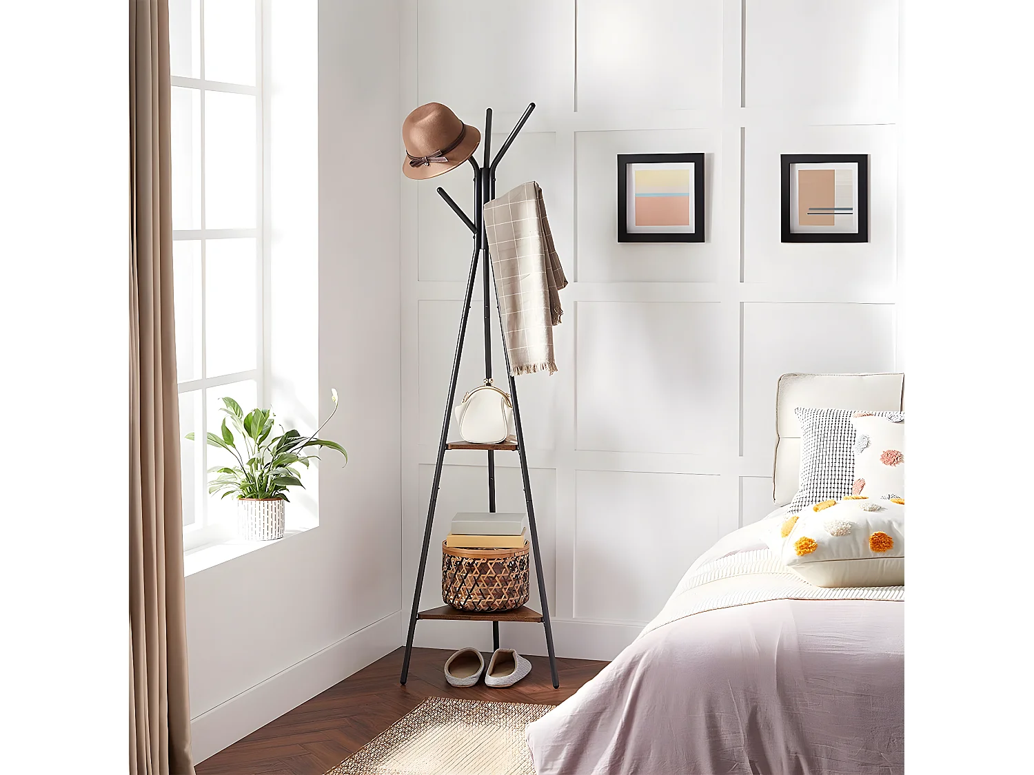 Porte-manteau sur Pieds avec 2 Étagères - H179 cm