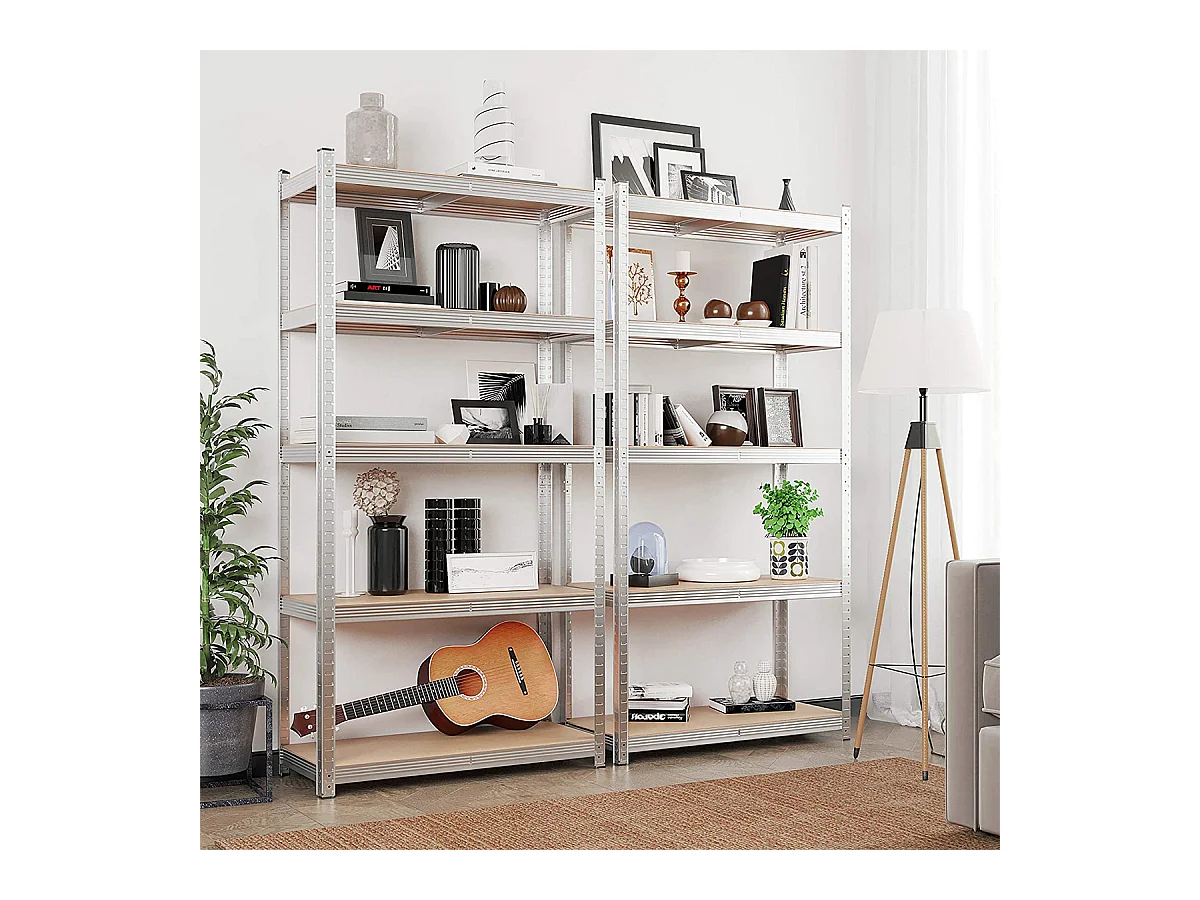 Lote de dos estanterías de 5 niveles con tablas ajustables - H180 cm