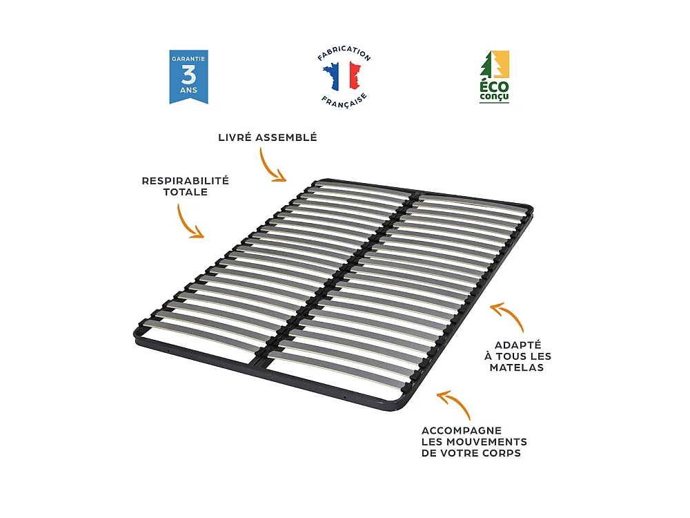Sommier à lattes + pieds 140x190 C220 - 40 lattes bois - Fabrication française