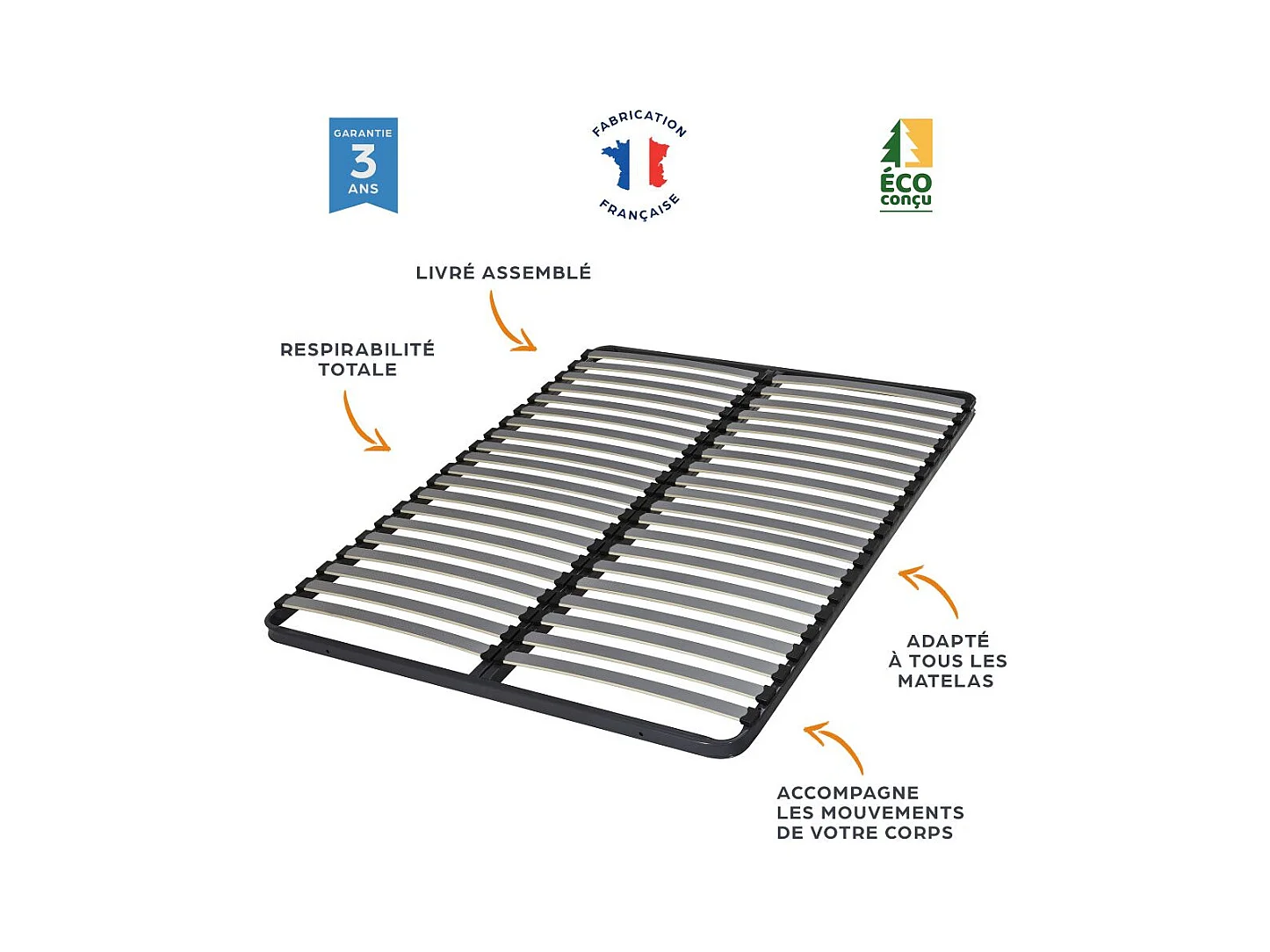 Sommier à lattes + pieds 140x190 C221 - 40 lattes bois - Fabrication française