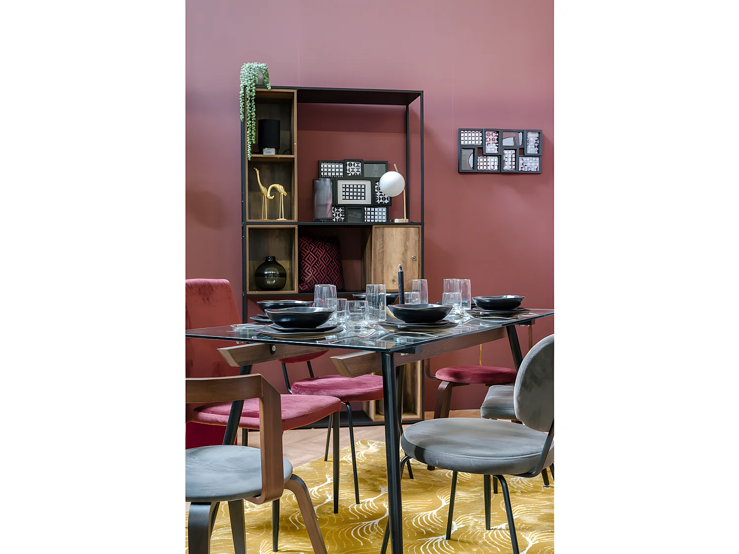 Table à Manger 6 Personnes Structure en métal et Bois avec Plateau en Verre 160x80x75CM