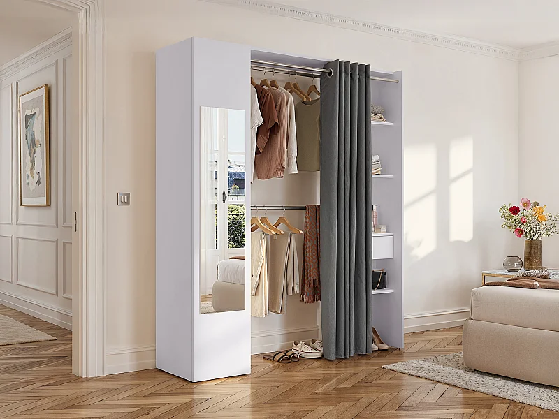 Dressing avec rideau et 1 porte - Avec miroir -  L177 cm - Blanc et gris - BERTRAND