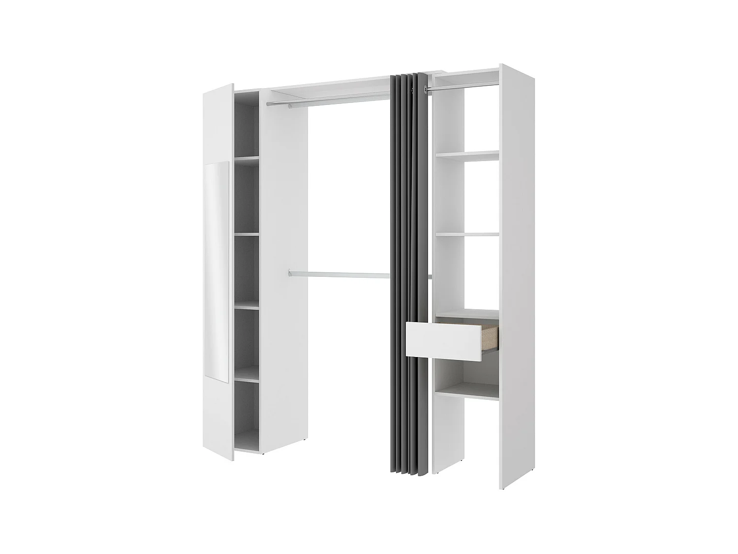 Kleiderschrank mit Vorhang & 1 Tür + Spiegel - B 177 cm - Weiß und Grau - BERTRAND