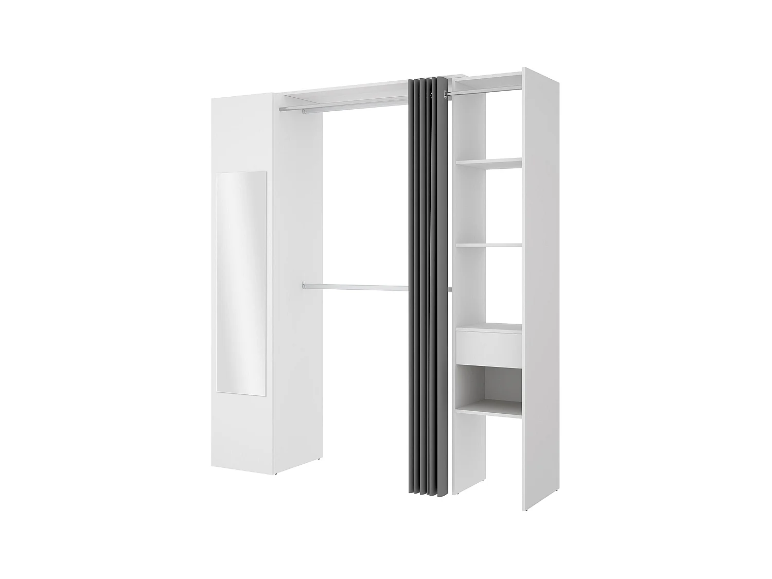 Kleiderschrank mit Vorhang & 1 Tür + Spiegel - B 177 cm - Weiß und Grau - BERTRAND