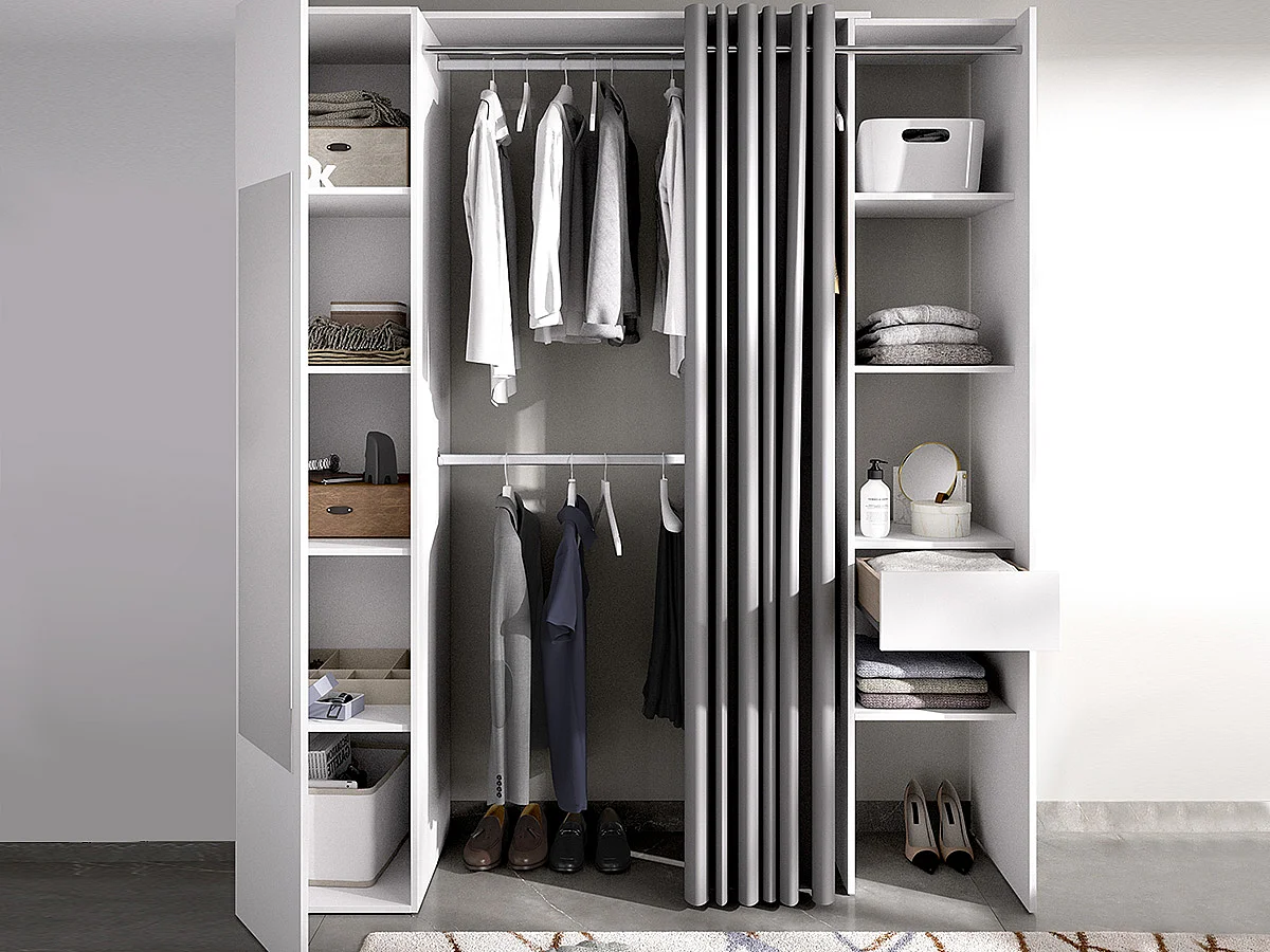 Kleiderschrank mit Vorhang & 1 Tür + Spiegel - B 177 cm - Weiß und Grau - BERTRAND