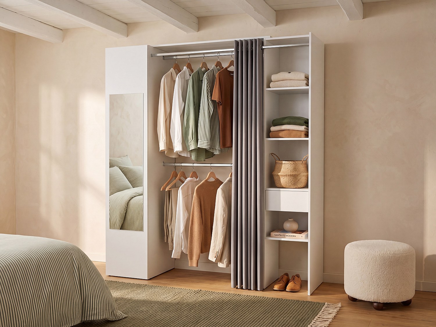 Vente-unique - Kleiderschrank mit Vorhang & 1 Tür + Spiegel - b 177 cm - Weiß und Grau - bertrand