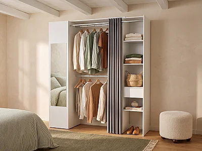 Dressing avec rideau et 1 porte - Avec miroir -  L177 cm - Blanc et gris - BERTRAND