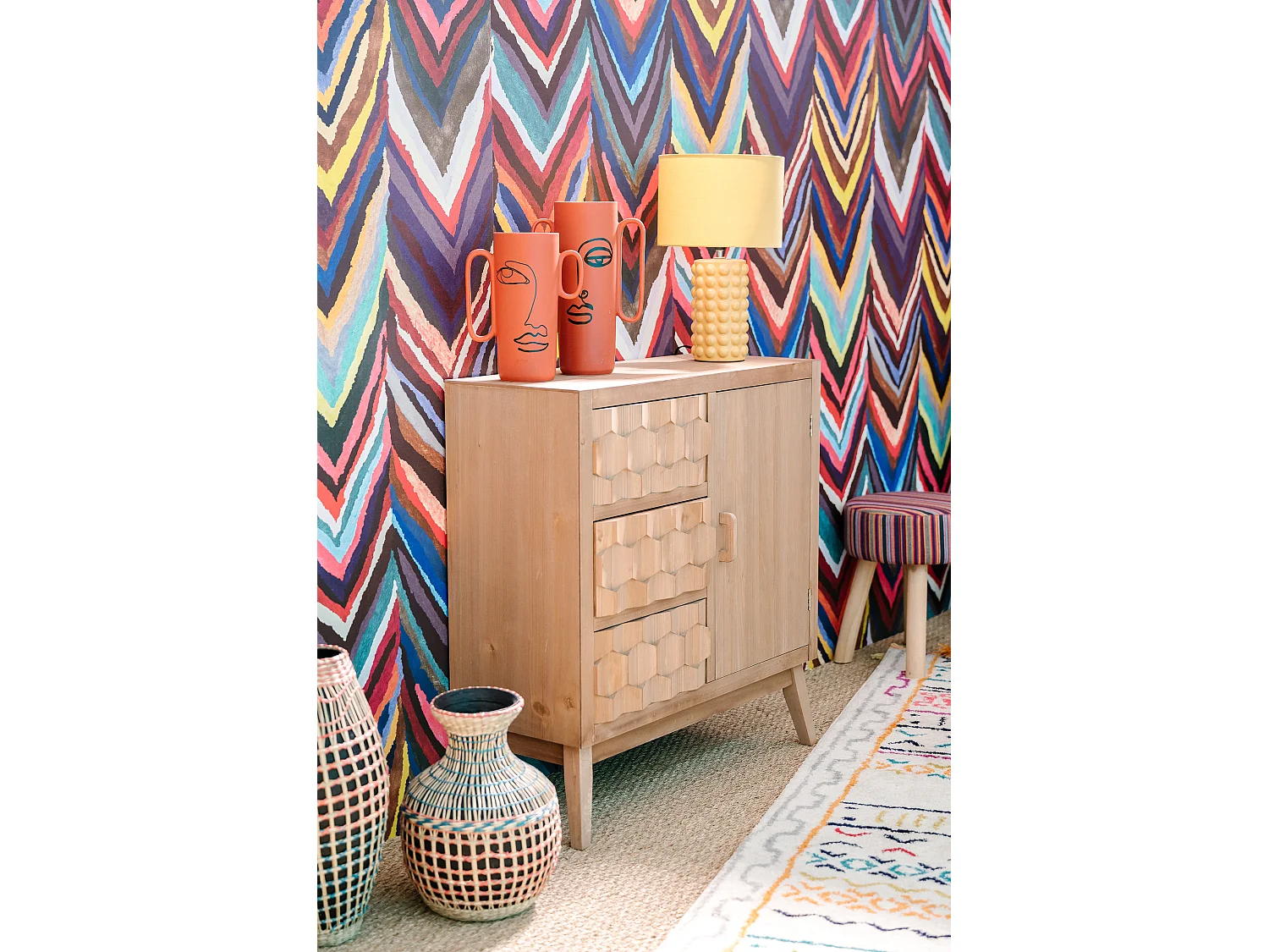 Meuble De Rangement, Commode En Bois Pin Motifs 4 Rangements Scandinave 75x30x78cm