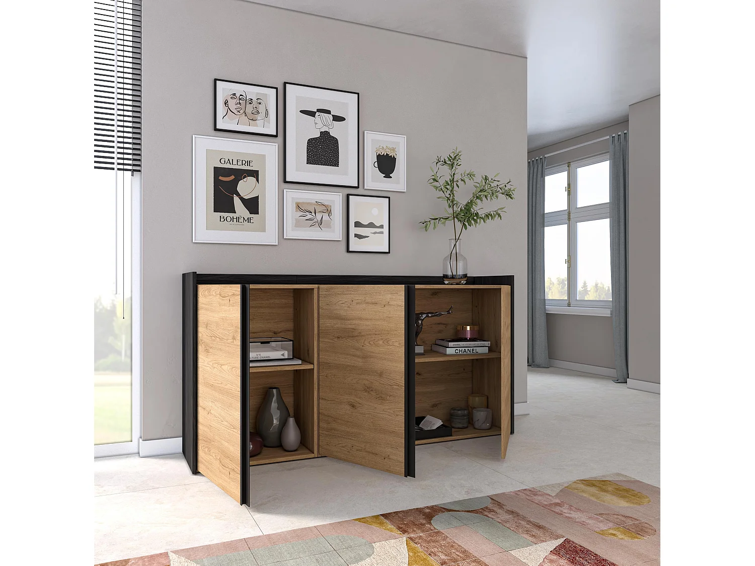 Dressoir, Opbergkast, 156x80x35 cm, 3 Deuren, Woonkamer, hal, Eiken/Zwart