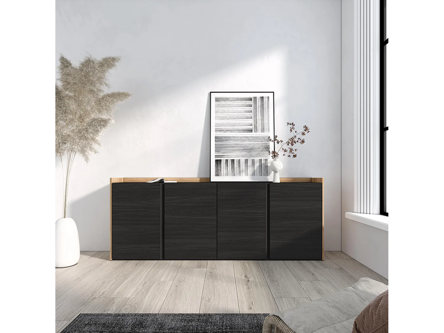 Dressoir, Opbergkast, 207x80x35 cm, 4 Deuren, Woonkamer, hal, Zwart/Eiken