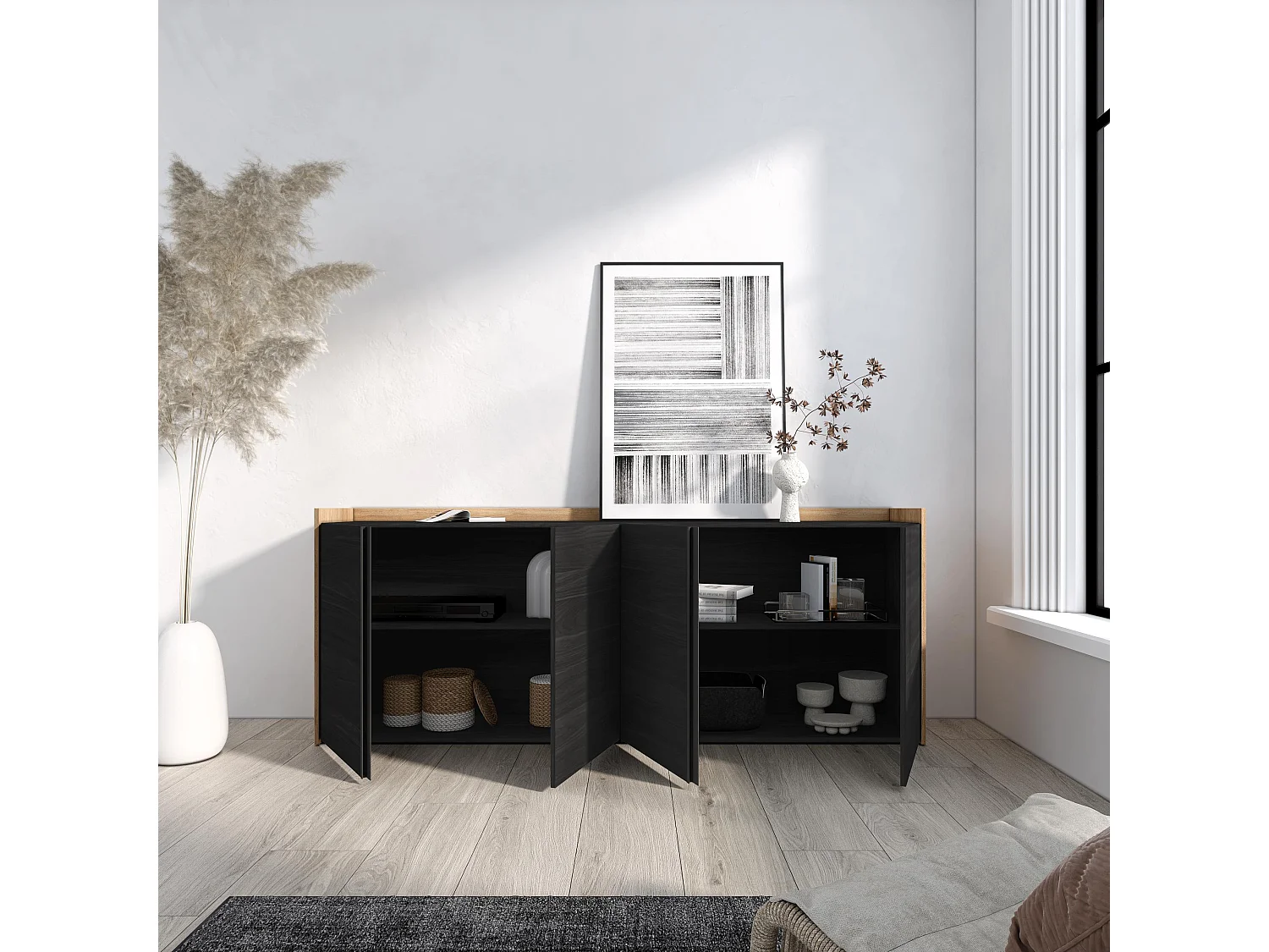 Dressoir, Opbergkast, 207x80x35 cm, 4 Deuren, Woonkamer, hal, Zwart/Eiken