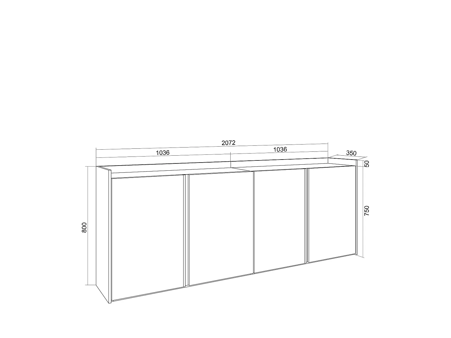 Dressoir, Opbergkast, 207x80x35 cm, 4 Deuren, Woonkamer, hal, Zwart/Eiken