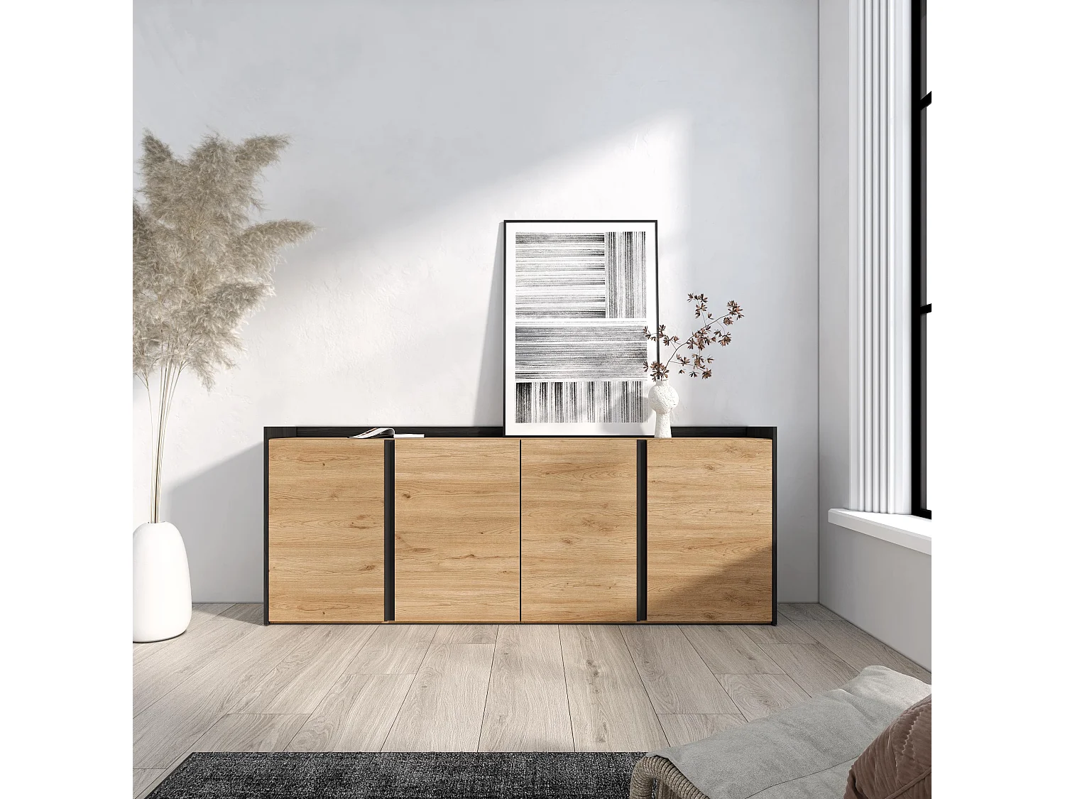 Dressoir, Opbergkast, 207x80x35 cm, 4 Deuren, Woonkamer, hal, Eiken/Zwart