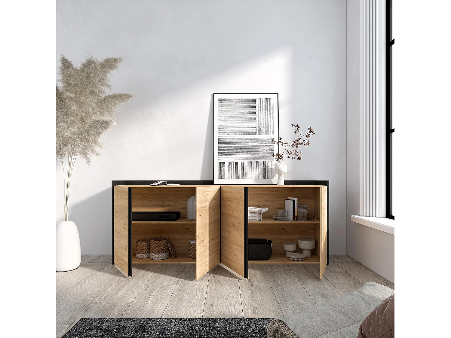 Dressoir, Opbergkast, 207x80x35 cm, 4 Deuren, Woonkamer, hal, Eiken/Zwart