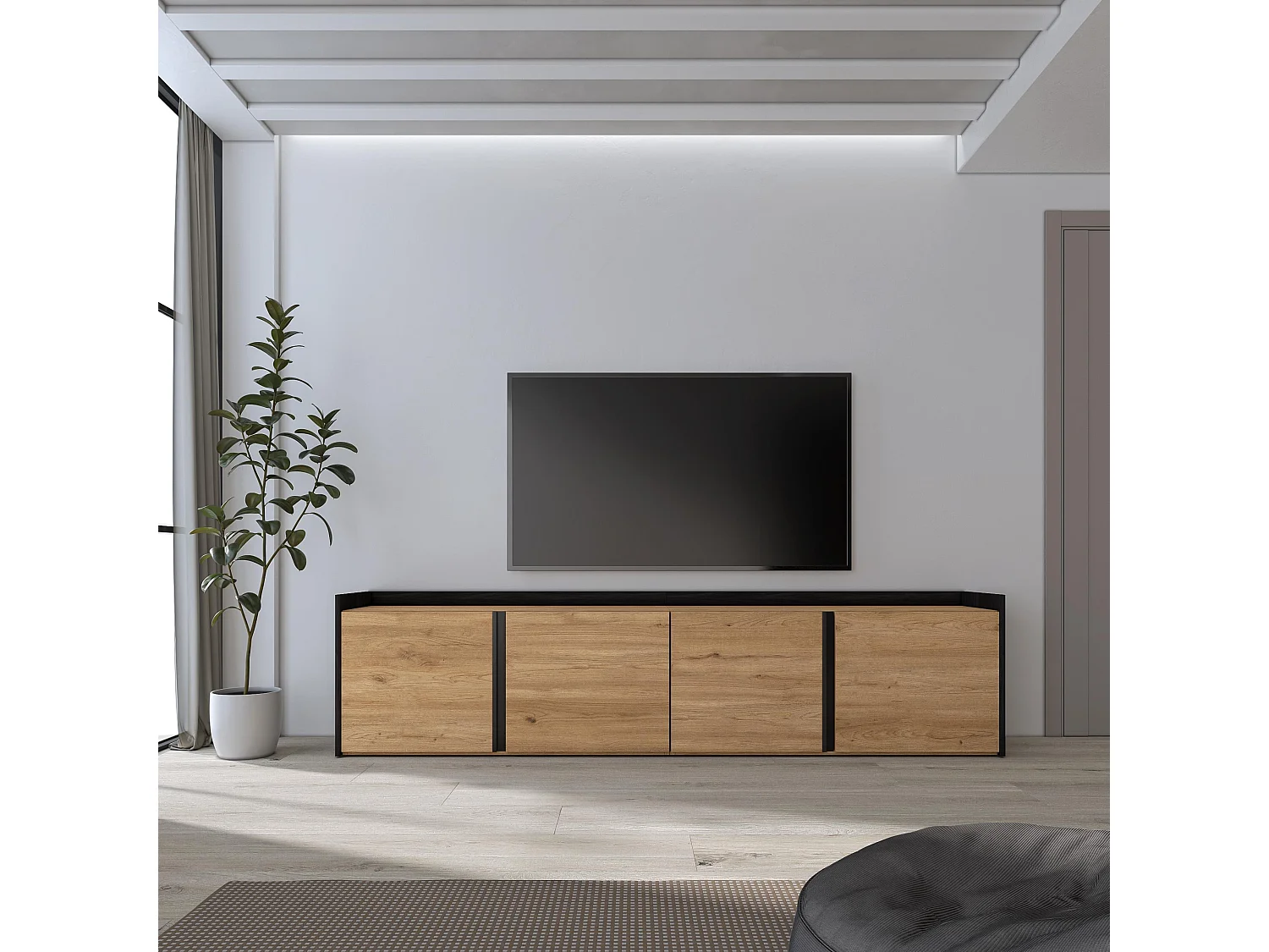 Meuble TV, Banc Télé, 207x50x35 cm, Pour les TV jusqu'à 80", Meubles de salon, Chêne et noir