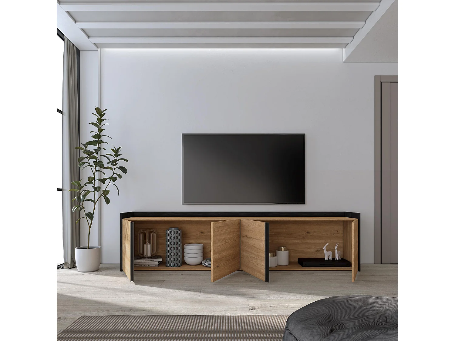 Meuble TV, Banc Télé, 207x50x35 cm, Pour les TV jusqu'à 80", Meubles de salon, Chêne et noir