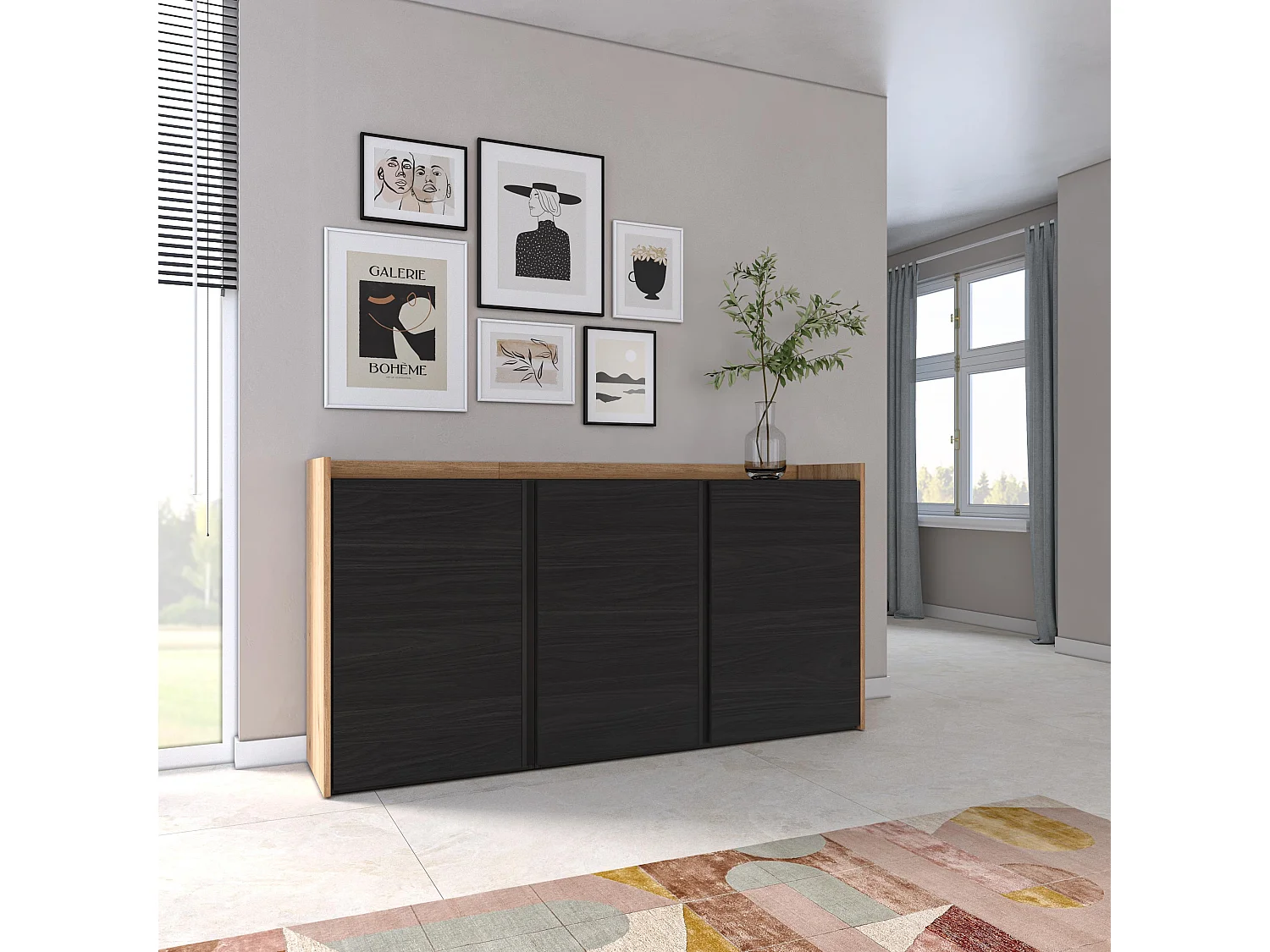 Dressoir, Opbergkast, 156x80x35 cm, 3 Deuren, Woonkamer, hal, Zwart/Eiken