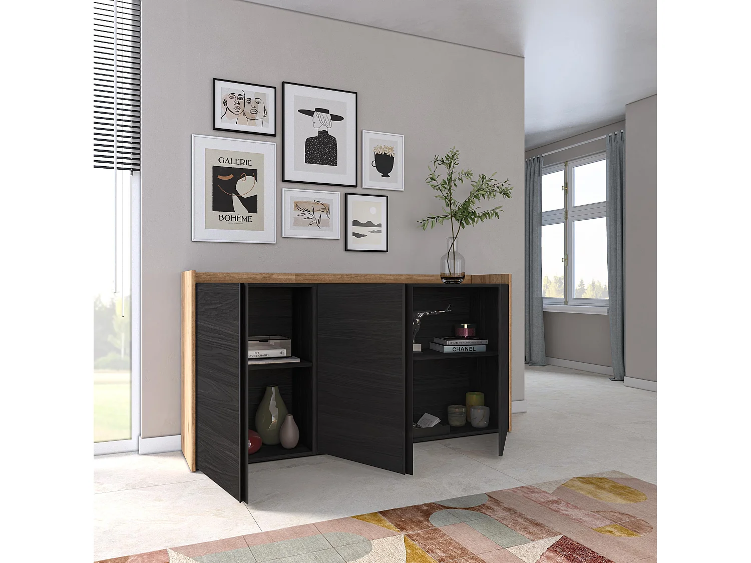 Dressoir, Opbergkast, 156x80x35 cm, 3 Deuren, Woonkamer, hal, Zwart/Eiken