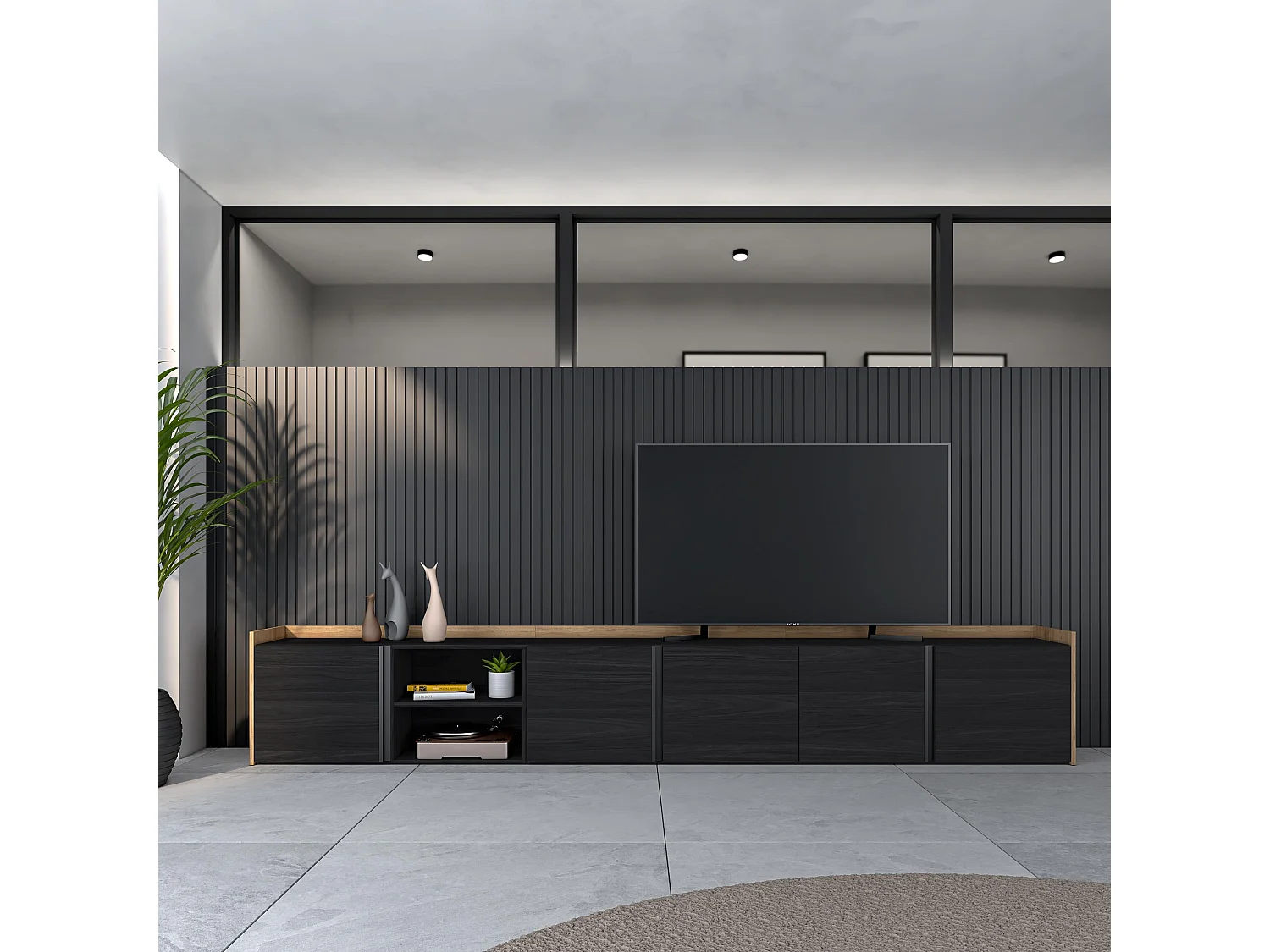 TV-Schrank, Lowboard, 309x50x35 cm, Für TV-Geräte bis zu 80", Fernsehtisch, Schwarz Eiche