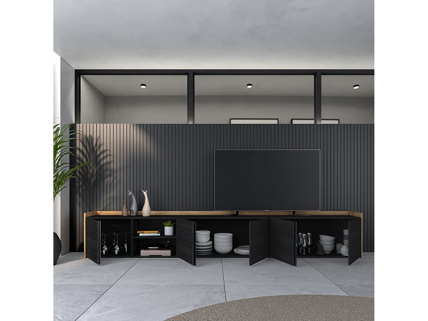 TV-Schrank, Lowboard, 309x50x35 cm, Für TV-Geräte bis zu 80", Fernsehtisch, Schwarz Eiche