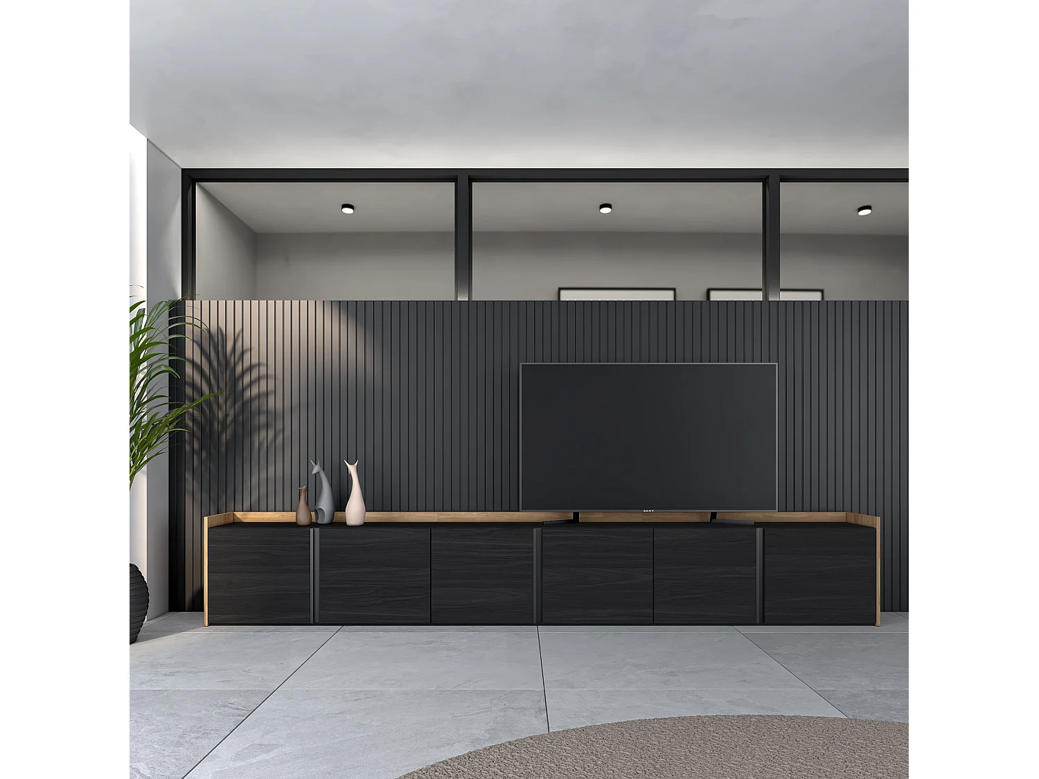TV-Schrank, Lowboard, 309x50x35 cm, Für TV-Geräte bis zu 80", Fernsehtisch, Schwarz Eiche