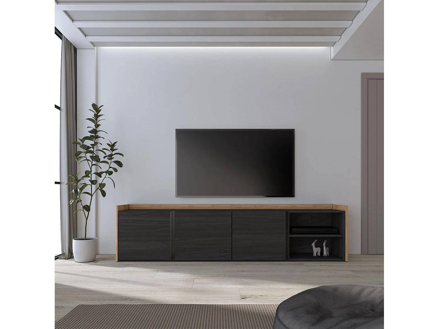 TV-Schrank, Lowboard, 207x50x35 cm, Für TV-Geräte bis zu 80", Fernsehtisch, Schwarz Eiche