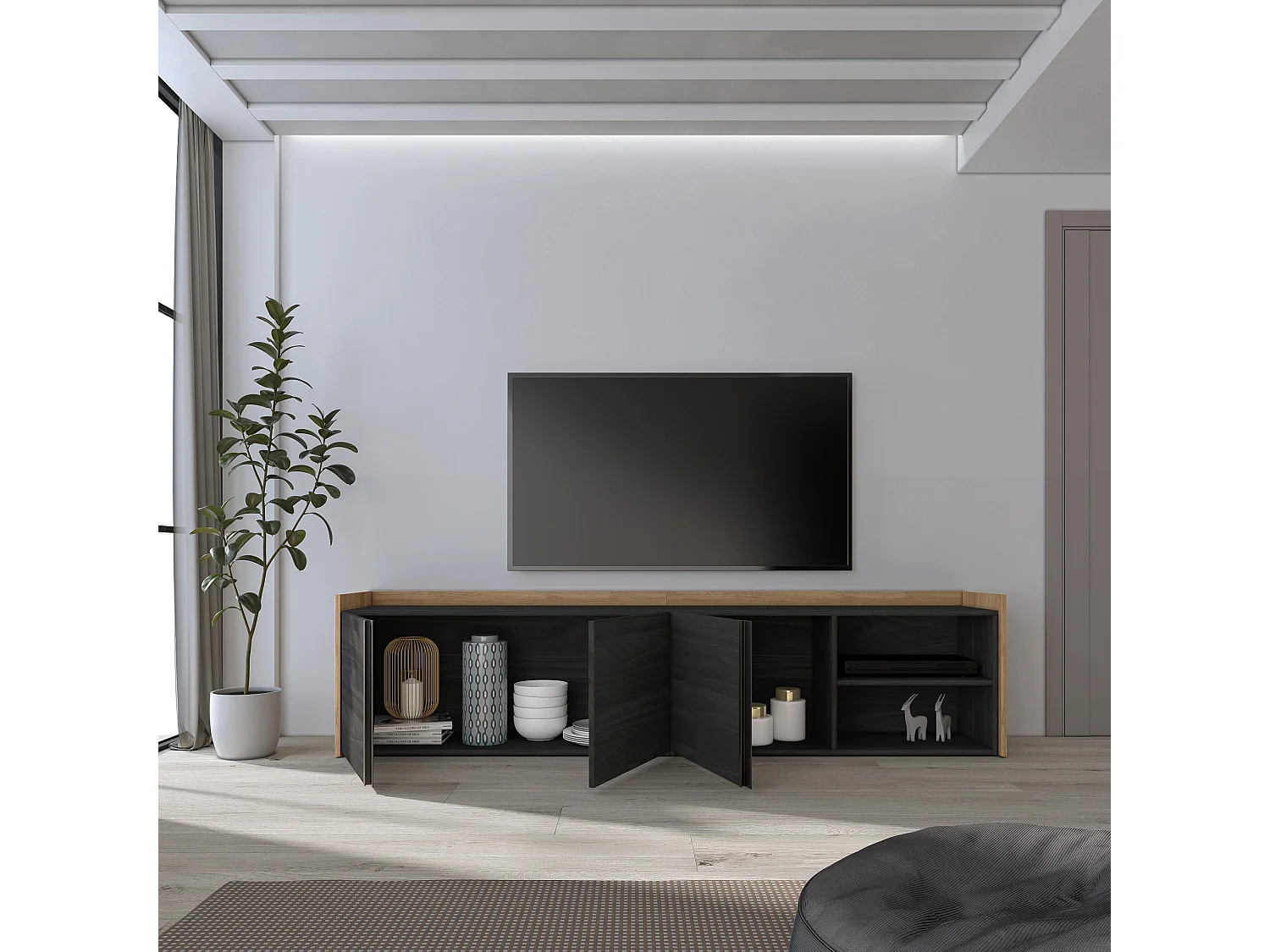 TV-Schrank, Lowboard, 207x50x35 cm, Für TV-Geräte bis zu 80", Fernsehtisch, Schwarz Eiche
