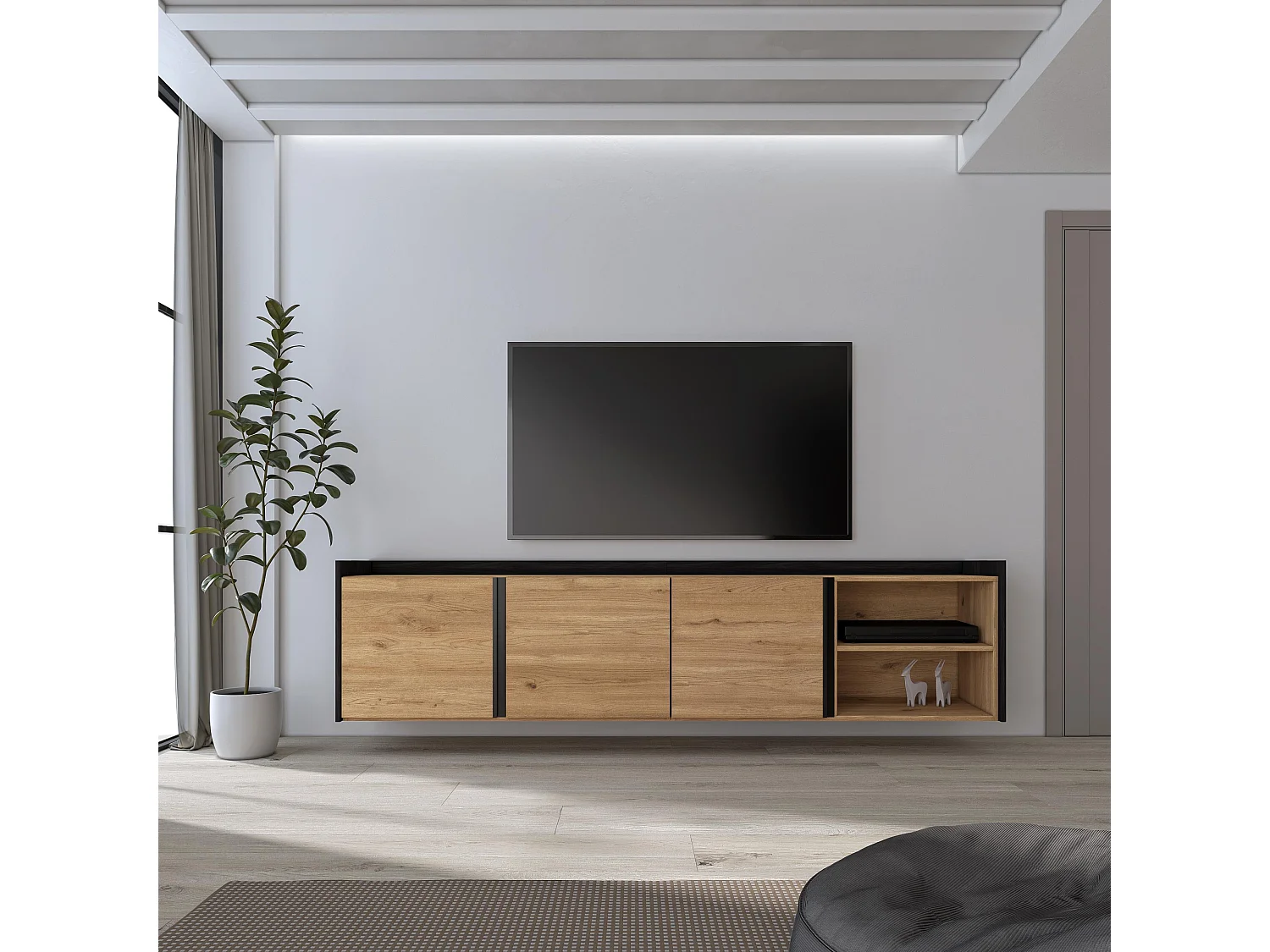 TV-Meubel, Lowboard, 207x50x35 cm, Voor tv's tot 80", Hangend, Eiken/Zwart