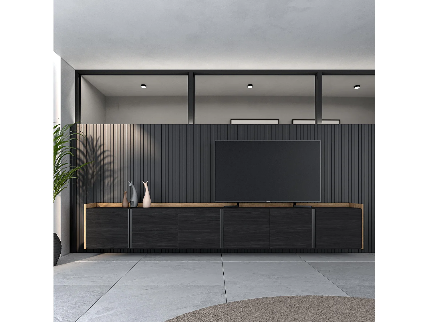 TV-Schrank, Lowboard, 309x50x35 cm, Für TV-Geräte bis zu 80", Hängend, Schwarz Eiche