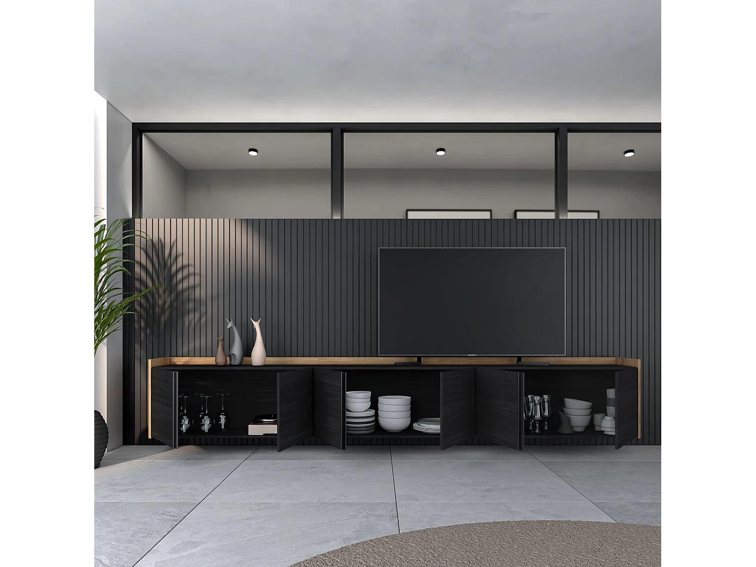 TV-Schrank, Lowboard, 309x50x35 cm, Für TV-Geräte bis zu 80", Hängend, Schwarz Eiche